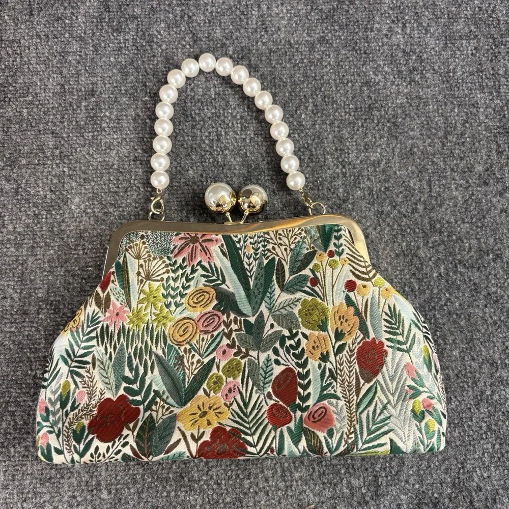 Vintage Style Floral Clutch Handbag Kiss-Lock Pearl Handle Purse Retro